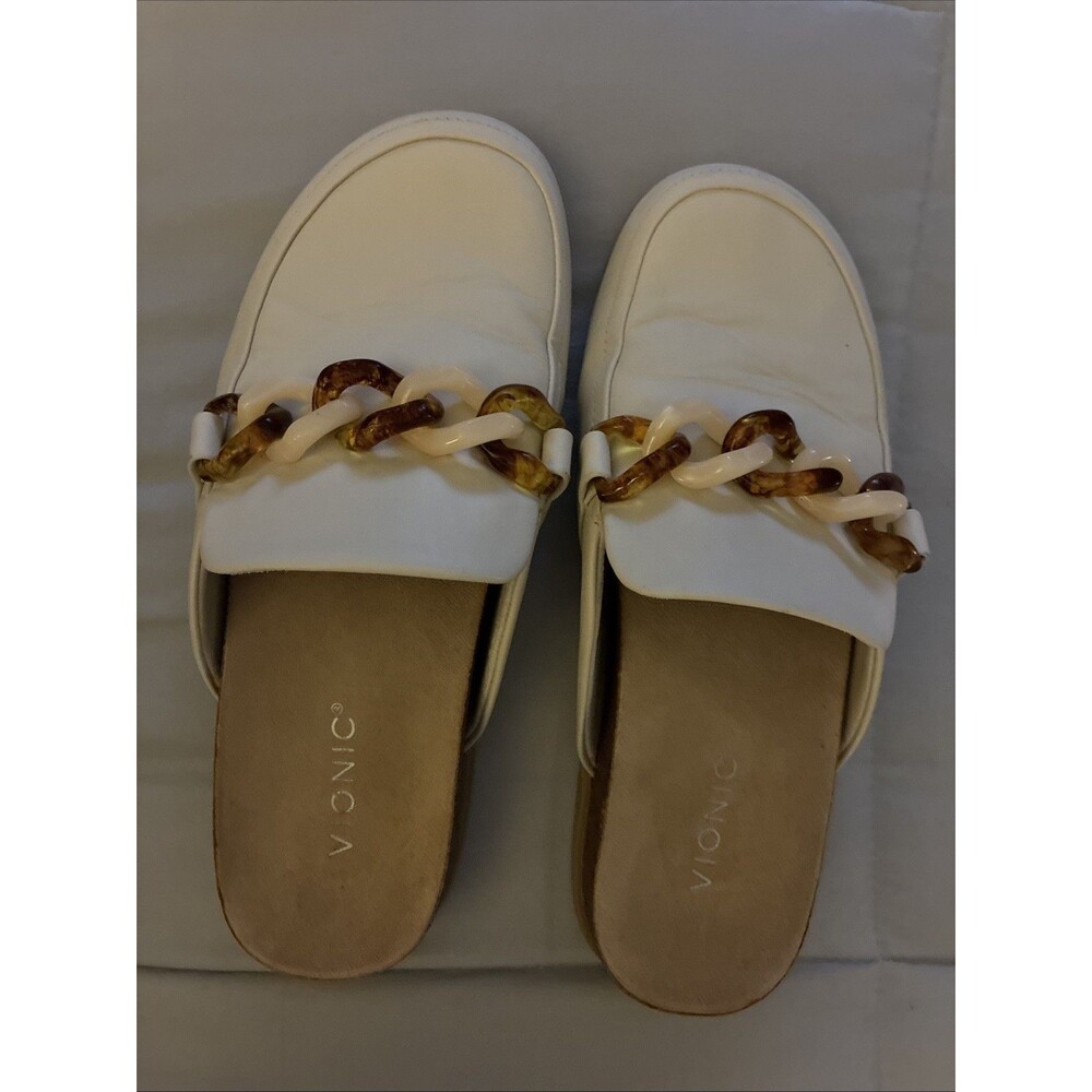 Vionic Mules 10 Georgie Cream Leather Chain Cork Comfort Platform Clog Orthotic - Picture 2 of 13